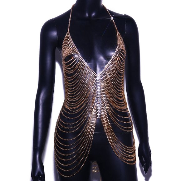 Bodies Tassel Rhinestone Harness Body Chain Skirt Crystal Bikini Dress Lingerie - Picture 7 of 7